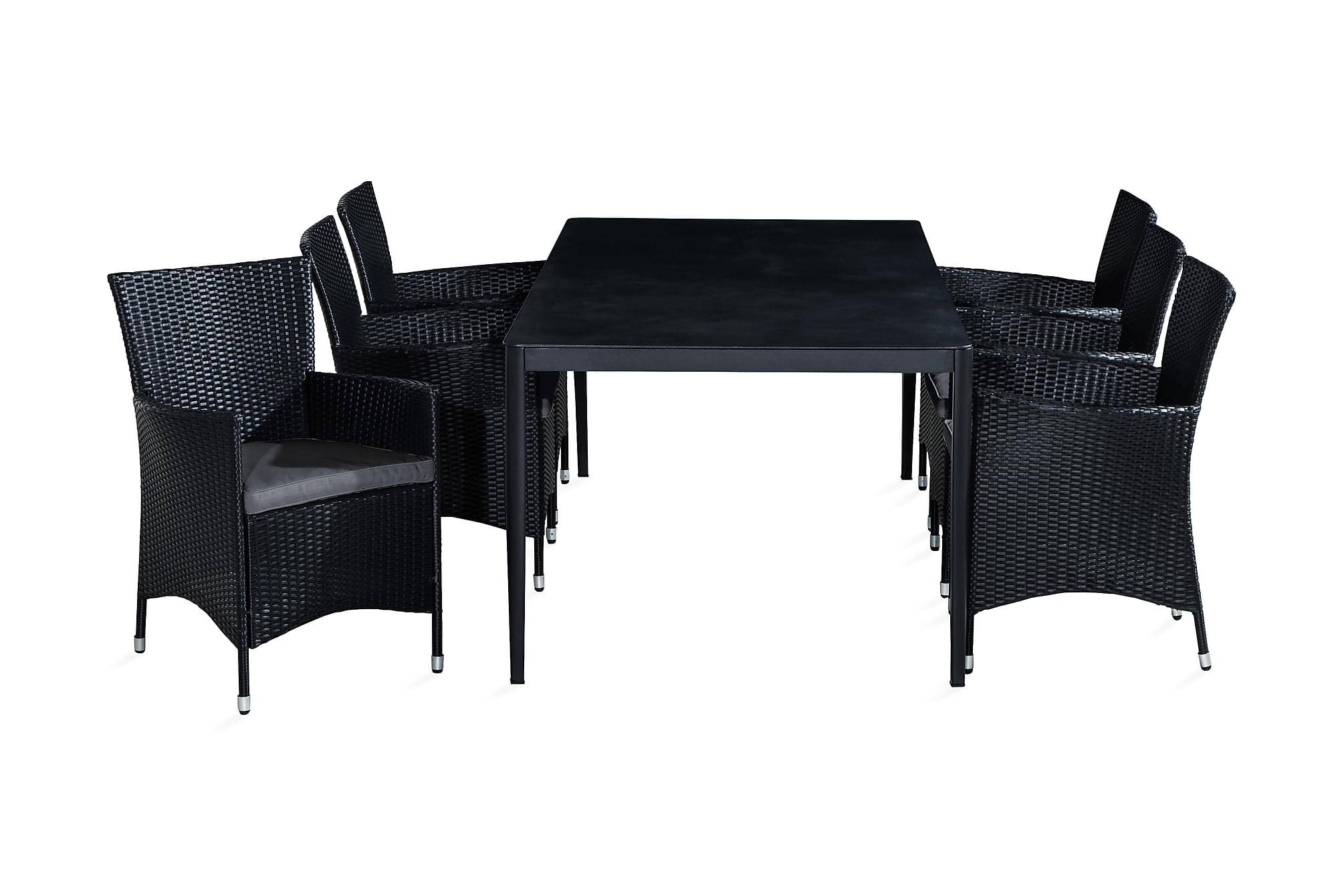 Comfort Garden ALEX Bord 200x100 Svart + 6 THOR Fåtölj m Dyna Grå - Matgrupper utomhus