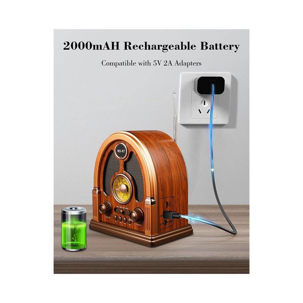 Vintage Portable AM/FM/SW Radio with & TWS-Stereo, USB/TF Playback Rechargeable Radio for Home,Kitchen
