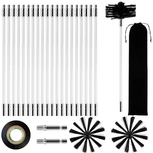 24 st set för eldstadsborste, 150 mm, rengöringsborste för kaminrör, skorstensrengöringsborste-kit, med 20 flexibla stänger 410 mm, 2 borsthuvud, 1 borrkontakt + tillbehör, för kamin torktumlare