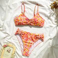 Tween Girl Vacation Orange Småblommigt Volanglinne & Triangel Shorts Baddräktsset (8Y,9Y,10Y,11Y,12Y)