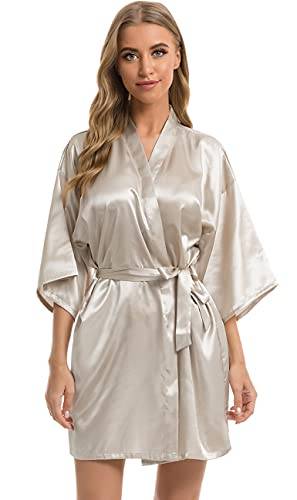 Vlazom Kimono för damer, morgonrock, kort satin badrock med bälte, v-ringad kimono, M