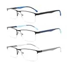 MODFANS 3-pack läsglasögon för män, glasögon mot blått ljus, metall rostfritt stål, lätt, klar syn, med fodral, C456, +0.75