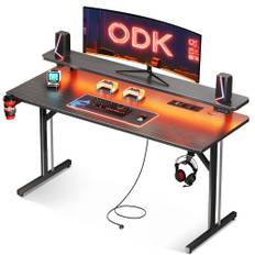 ODK Gaming Bord, litet skrivbord med LED-lampor och eluttag, spelbord med monitorhylla, kolfiber svart PC-datorbord 120cm