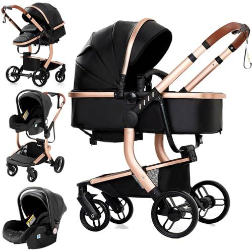 Reenborn Barnvagn 3-i-1, buggy med vikbar design på ett klick, barnvagn med två vändbara skjutlägen, kombibarnvagn 3-i-1, komplett uppsättning med ram i aluminiumlegering (518 svart)