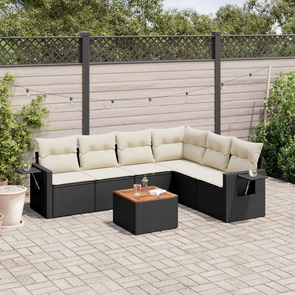 Sofasæt Til Haven 7 Dele Med Hynder Polyrattan - Sort og cremefarvet / hjørnedel bord 3x midterdel