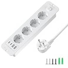 USB-infällda uttag, 4 x infällda skrivbordsuttag med 2 USB C, infällda uttag med 2 m kabel för bänkmöbler, vit