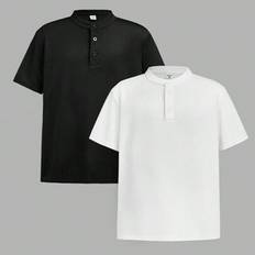 2st Tween Boys Extended Size Casual Enfärgad Stativ krage Plus Size Kortärmad Pikétröja Set - Svart och Vitt (8P,10P,9P,11P,12P)
