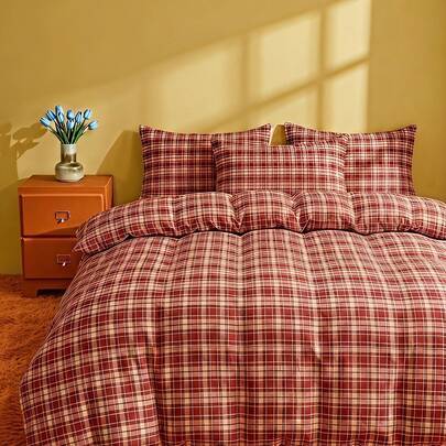 3-delat rutigt täckset i mjuk polyester, rött och brunt rutmönstrat sängset, vintageestetiskt skotskt tartanmönstrat quiltöverdrag med 2 örngott (utan - Multifärgad (Multi-size)