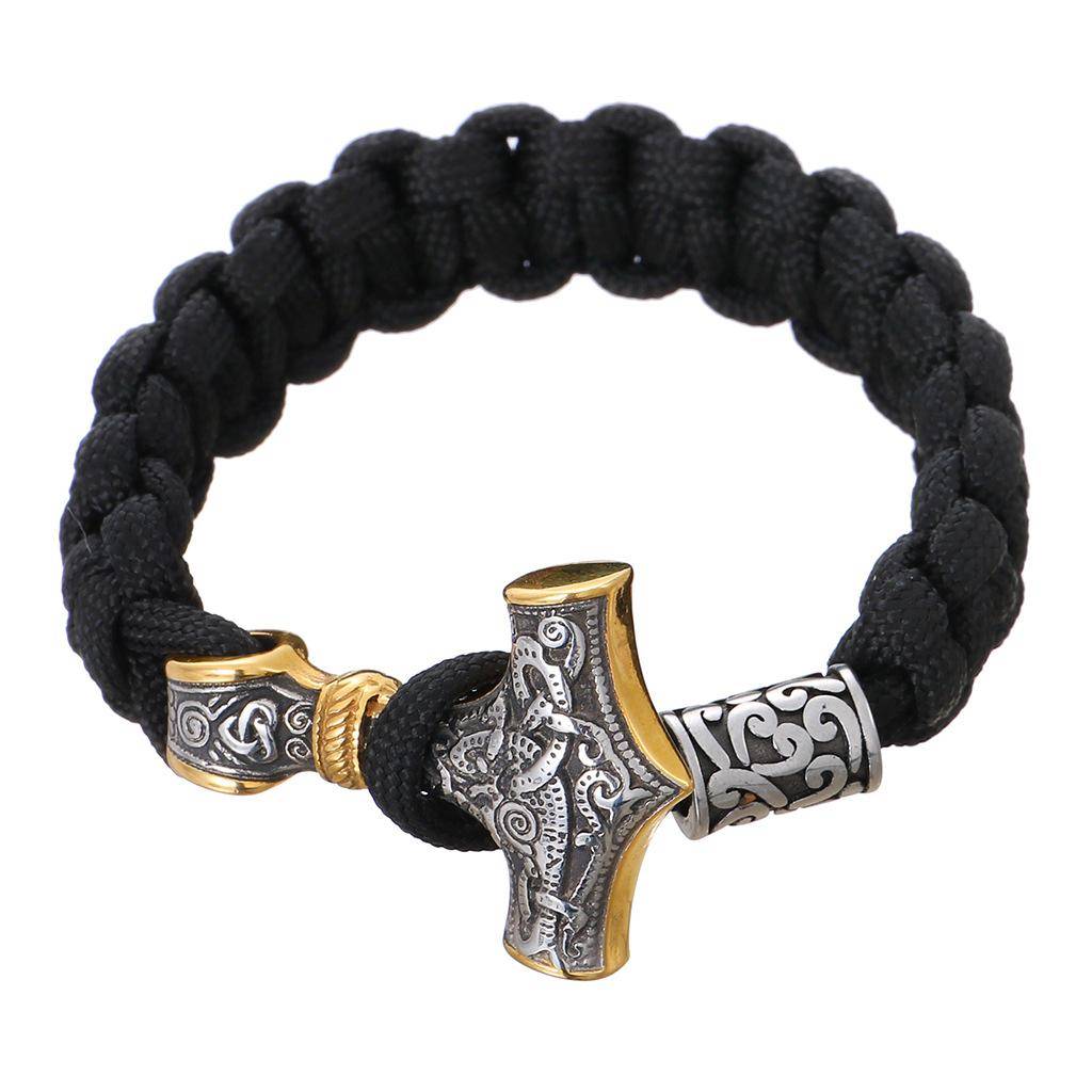 Rostfritt stål Titanstål Tors hammare Svart Paraplyrep Handgjort Armband Herrsmycken Svart black