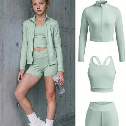 3-delars set med aktivkläder för tween-flicka i mintgrön, stickad långärmad jacka med hög krage och dragkedja, väst och cykelleggings - Mint Grön (7Y,8Y,9Y,10Y,11Y,12Y,13Y)