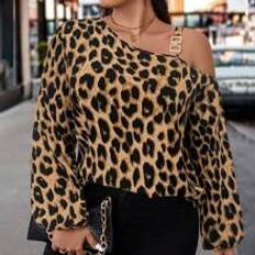 Plus Size Open Shoulder Långärmad Leopard Print Casual Shirt One Shoulder Top - Kaffebrun - 0XL,1XL,2XL,3XL,4XL