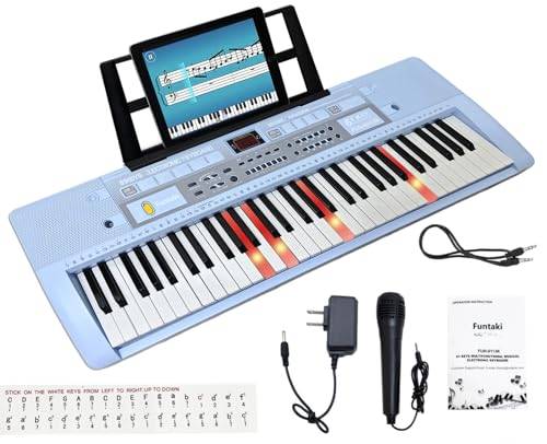 Funtaki 61 tangenters elektriskt pianotangentbord med lysande tangenter Digitalt bärbart synthesizertangentbord med stativ, Mini musiktangentbord Piano för nybörjare Barn Blå