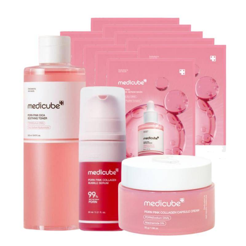 Medicube Lax PDRN Rosa Kollagen 4-stegs Set – Peptidampullmask, Toner, Bubbelserum, Kapselkräm white