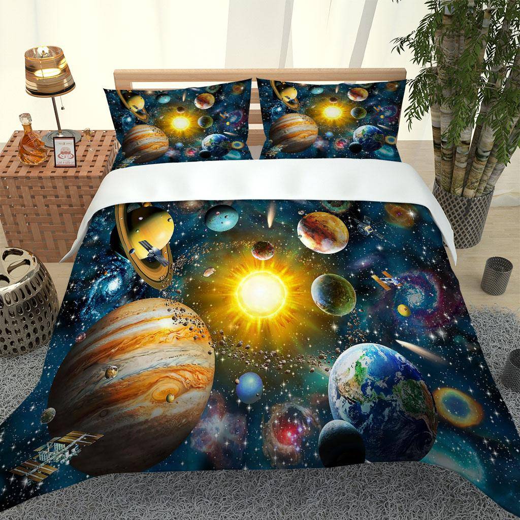 Kosmisk Solsystem Planet 3D Sängkläder Set För Barn Pojkar Flickor Täcke Set 1 Påslakan Och 2 Örngott Mjukt Enkelt Dubbelt W160xL200cm