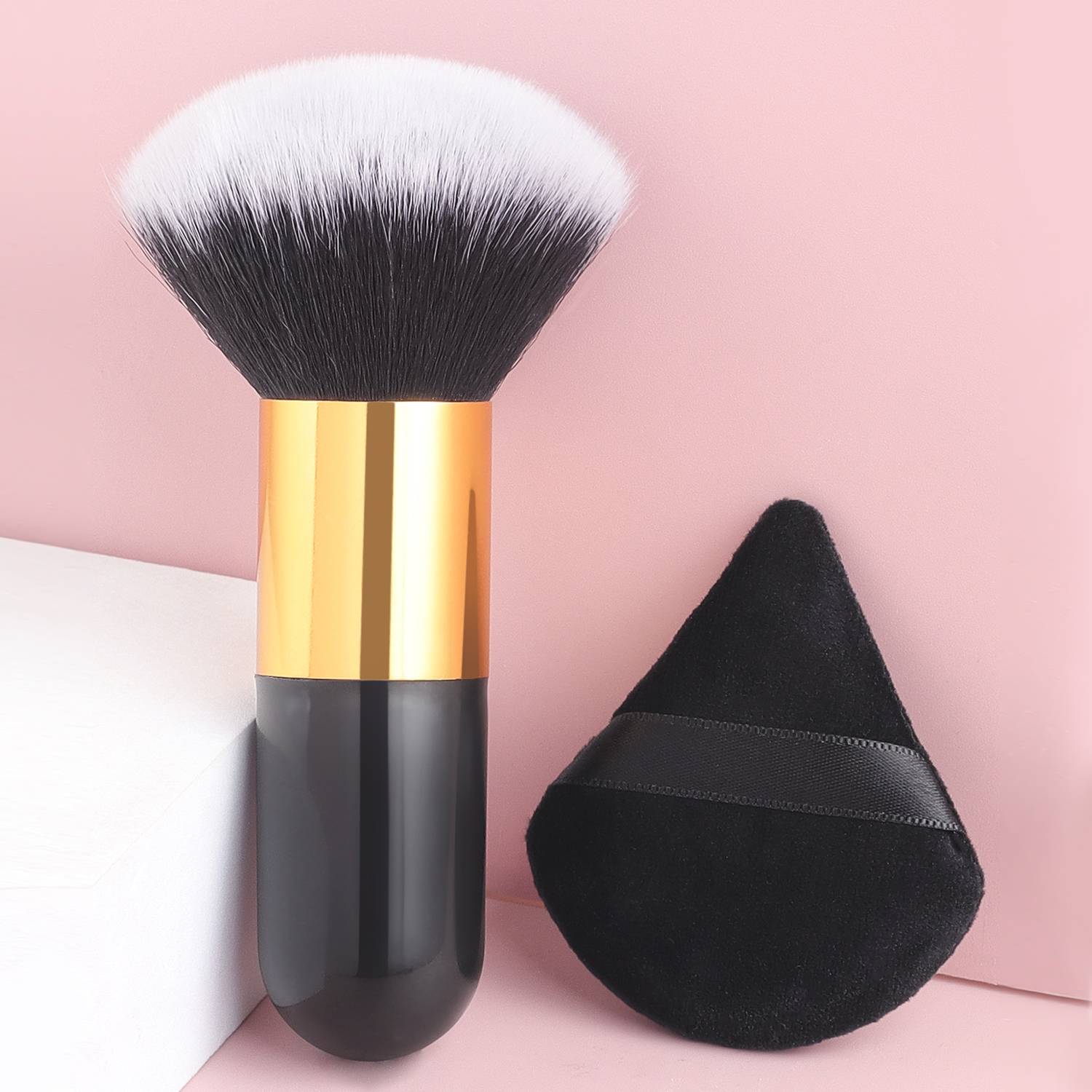 2Pcs Set 1 Large Fluffy Foundation Brush + Triangle Velvet Powder Puff Soft Bristle For Loose Powder Blush Base Makeup