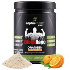 PRE WORKOUT BOOSTER 500g Blood Rage - leckerer Orangen Geschmack - Max Pump - mit Koffein, L-Arginin, L-Citrullin, Creatin Monohydrat, beta Alanin, Taurin, Bitterorangenextrakt, Guarana uvm.