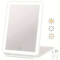TEMU Rechargeable Travel Mirror With , Portable Lighting Beauty Mirror, 3 Color Lighting, Adjustable Touch Screen, Desktop Led Folding Makeup Mirror, Ultra-thin Compact Makeup Mirror For Travel