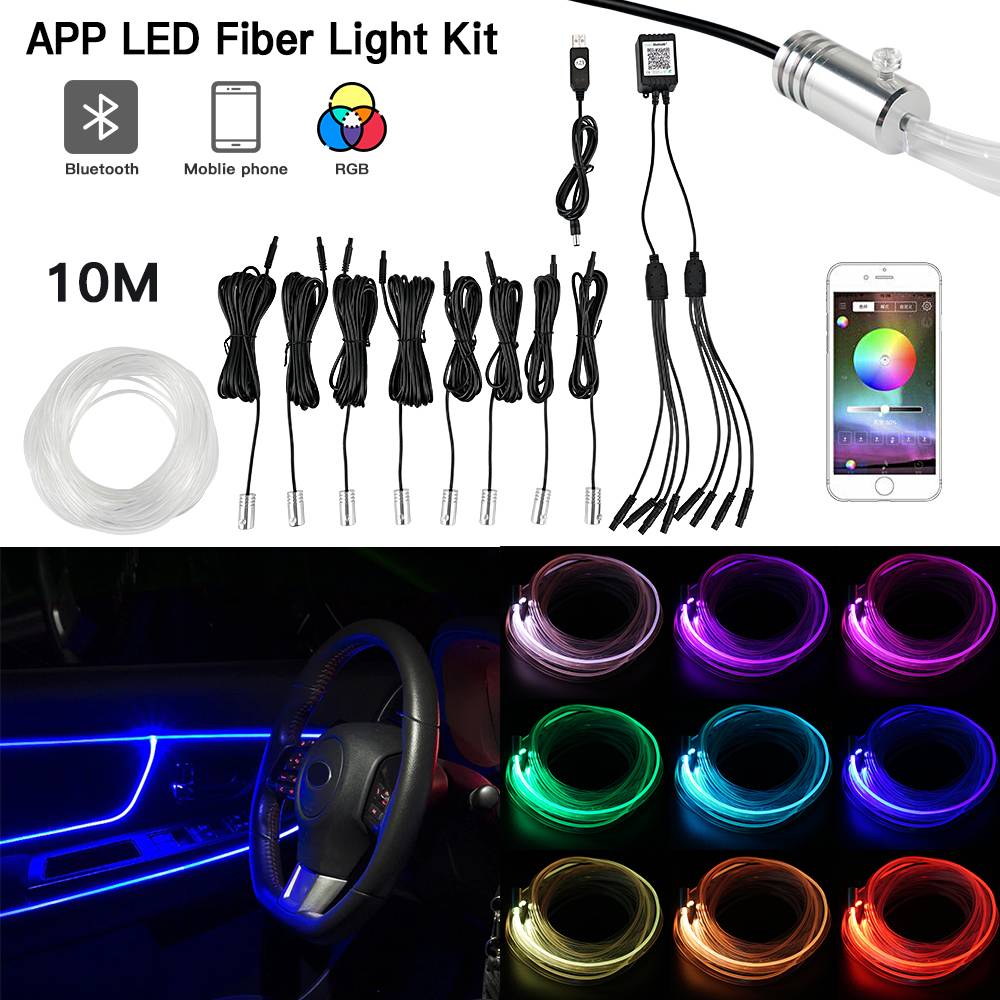 BEVINSEE 6M 8M 10M RGB LED Fiber Optic Strip Light Kit, Multi-Colour Car Interior Atmosphere Light, APP & Remote Control, Universal Auto Ambient Lighting