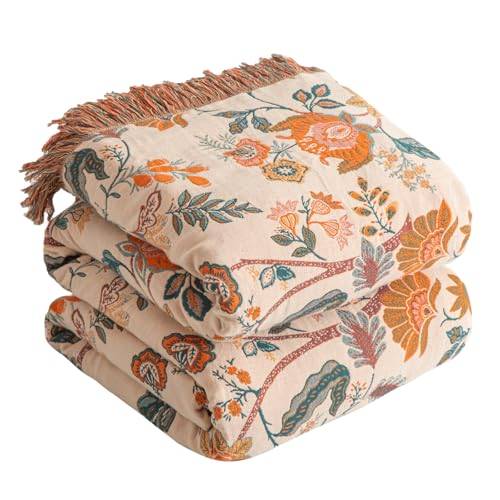 SESoftexly Boho-filt 100 % bomull – stort dubbelsidigt muslinöverkast, 200 x 230 cm, gosig sofffilt och sängöverkast, estetisk design, perfekt för vardagsrum och sovrum, orange/grön