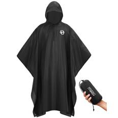 Foxelli Hooded Rain Poncho Waterproof Emergency Military Raincoat for Adults Men Women Lightweight Reusable Rain Gear for Camping Fishing Sporting svart