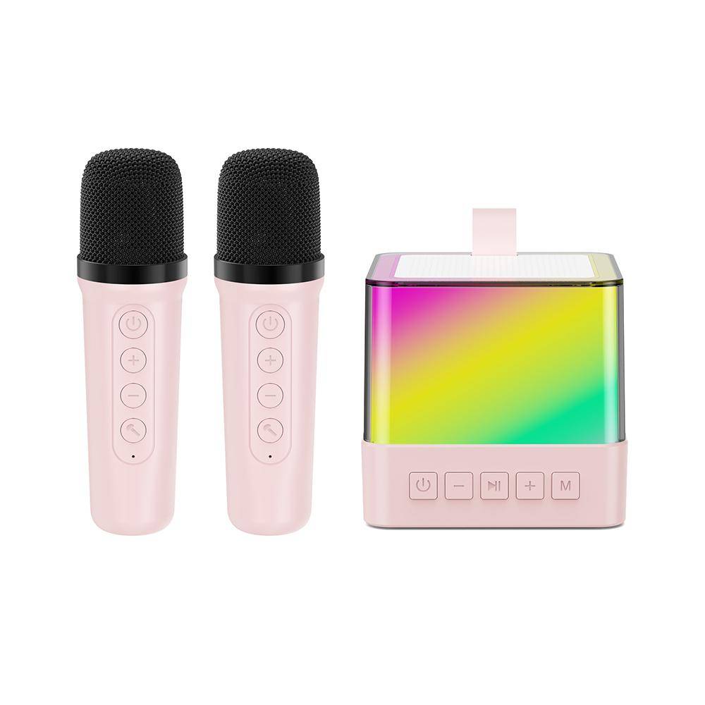 Mini Karaoke Machine Trådlös mikrofon och högtalarset med 2 mikrofoner LED-färgljus Handhållen vit