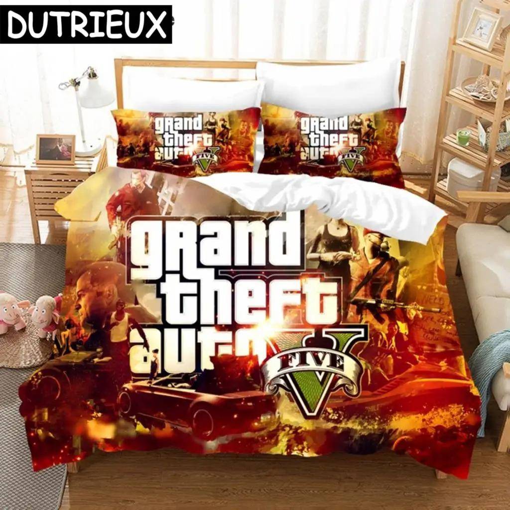 Spel GTA Tryckt Sängklädesset Grand Theft Auto 5 Tecknad Påslakan Örngott Twin Queen King Size Anime Påslakan Sängkläder US Twin 172x218cm.