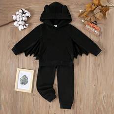 2st/set Young Boy Fleece Bat Wing Ficka Huvtröja och Fleece Cuffed Byxor Set, Höst/Vinter - Svart (6Y,7Y,4Y,5Y,2-3Y)