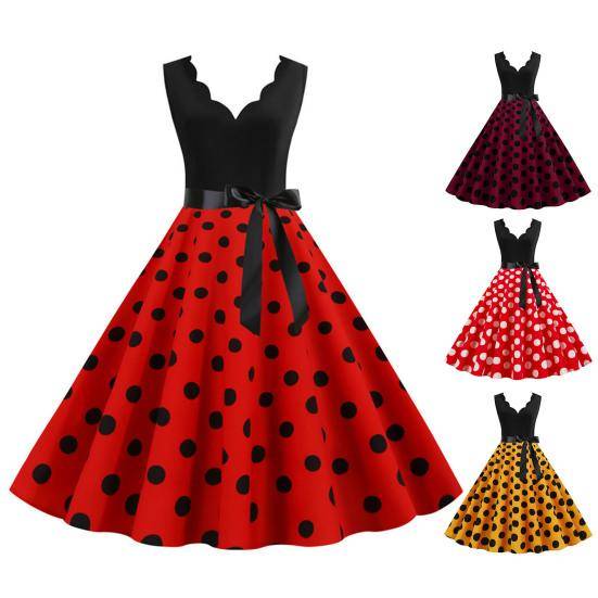Dam midiklänning Flower Edge V-hals Snörning Tight hög midja rosett Dekor Ärmlös A-linje Lös fåll Pricktryck Retro 50-tal 60-tal Lady Backless Prom cm