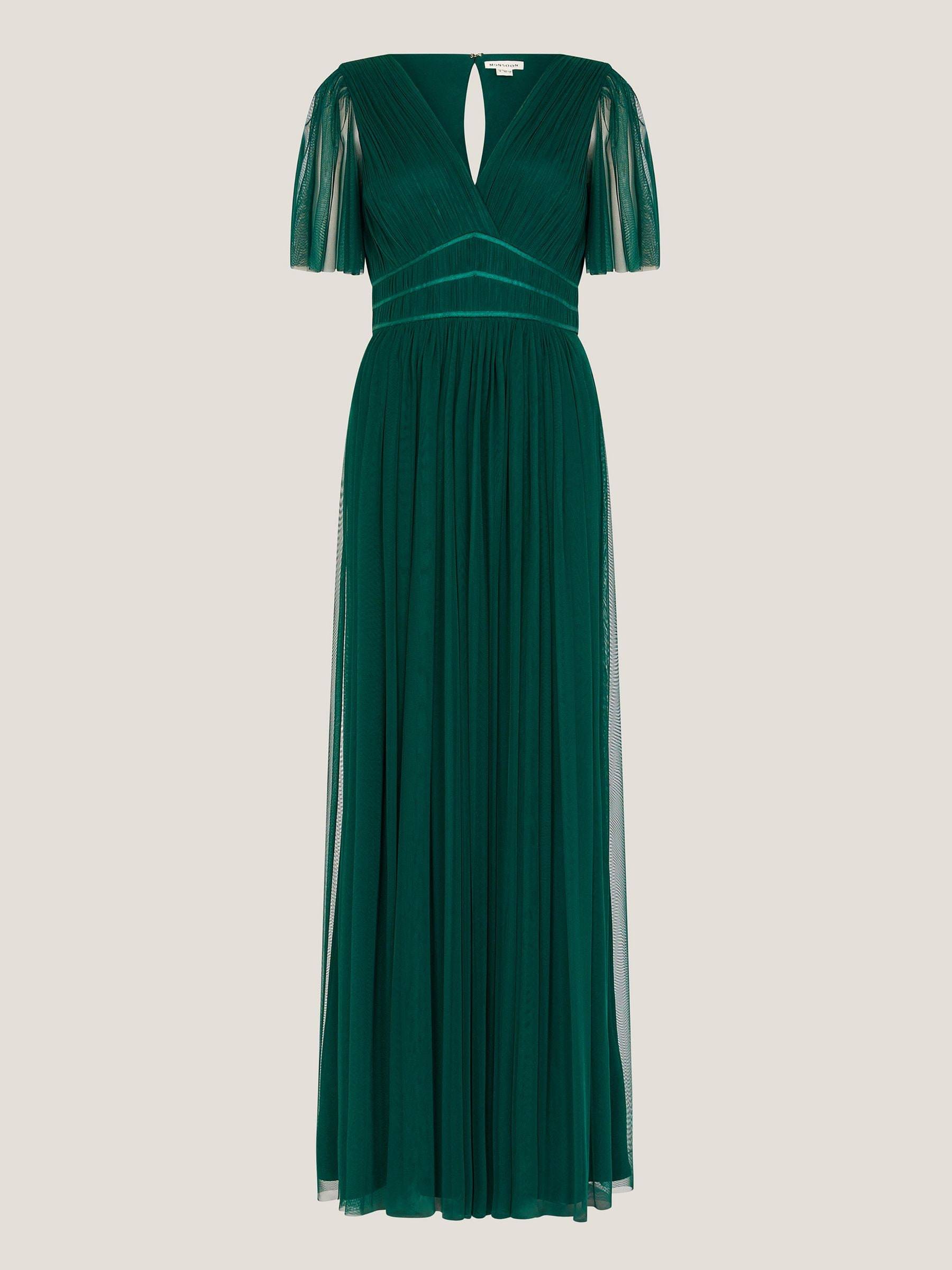 Monsoon Monsoon Green Emily V-Neck Short Sleeve Pleated Tulle Maxi Bridesmaid Dress - EU 42 (UK 14)