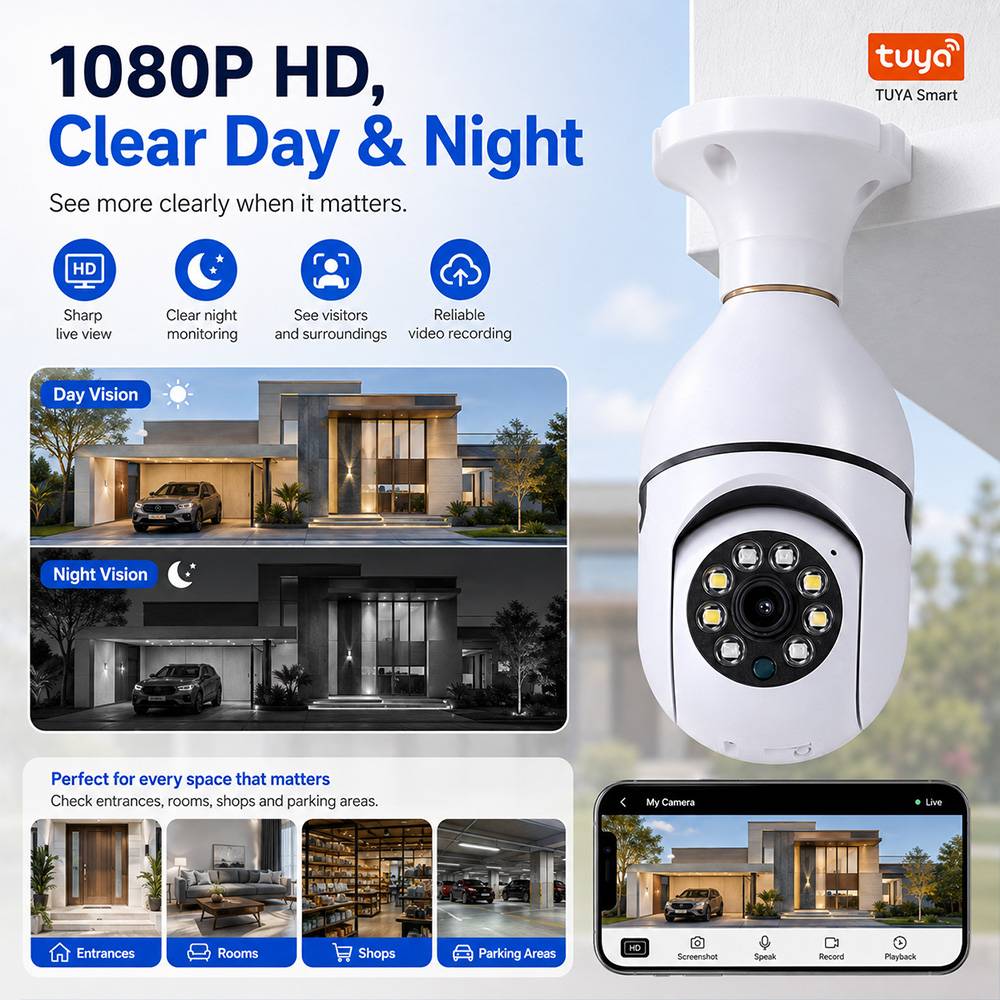 HD E27 Bulb Camera  Tuya Wireless Light 2MP WiFi Security IP Camera 360 Pan Tilt Night Vision Motion Detection Two Way Audio Cam