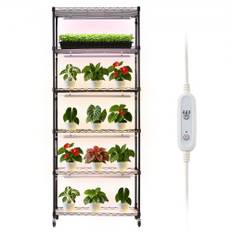 VEVOR Plantehylde med vækstlys, 6-etagers indendørs plantestativ, 180 cm høj plantestander med hjul og 4/9/14 timer, 150W 3-farvet fuldspektret vækstlys, blomsterpotteholder til frøopstart