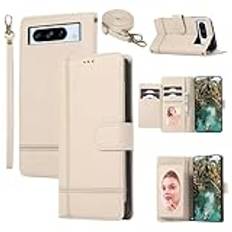 WOWUDI Compatible con la Funda iPhone 14,Diseño de Funda con espejo escondido de Cuero Litchi Duradero Cremallera Cordón Anillo Monedero Mujer Funda- Beige