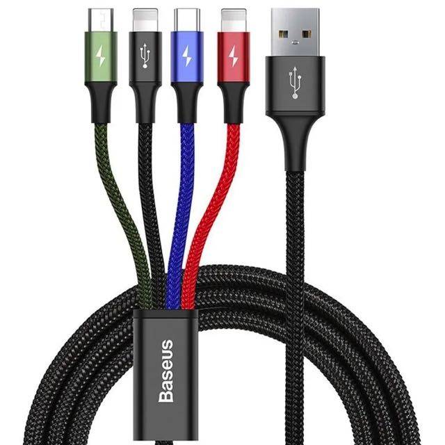 Baseus Fast 4-in-1 kabel USB til 2x Lightning, 1x USB-C og 1x Mikro - 3.5A - 1,2 Meter - Sort.