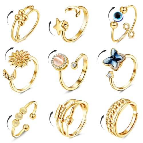 CASSIECA 9 Pcs Angst Spinnerei Ring mit Perlen für Frauen Männer Fidget Ringe für Angst dünne Stapelbar Ringe Stress Entlastungsring Anxiety Zirkonia Blume Offen Spinner Ring Gold