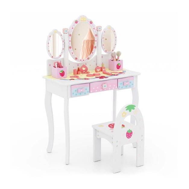 Barnens sminkbord och stolsset – 2-i-1-skrivbord, spegel