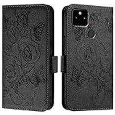 JZ För Pixel 5a Konstläder Flip Cover Plånbok Fall [Rose][Wrist & Shoulder Strap][Card Holder][Kickstand] För Google Pixel 5a Case - Black