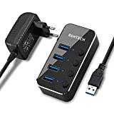 RSHTECH USB Hub Aktiv 3.0 med strömförsörjning, USB 3.0-hubb aktiv med 4 portar USB-fördelare 3.0 datahub med 10 W (5 V/2 A) strömförsörjning och enstaka brytare, för dataöverföring, lättare och bärbar