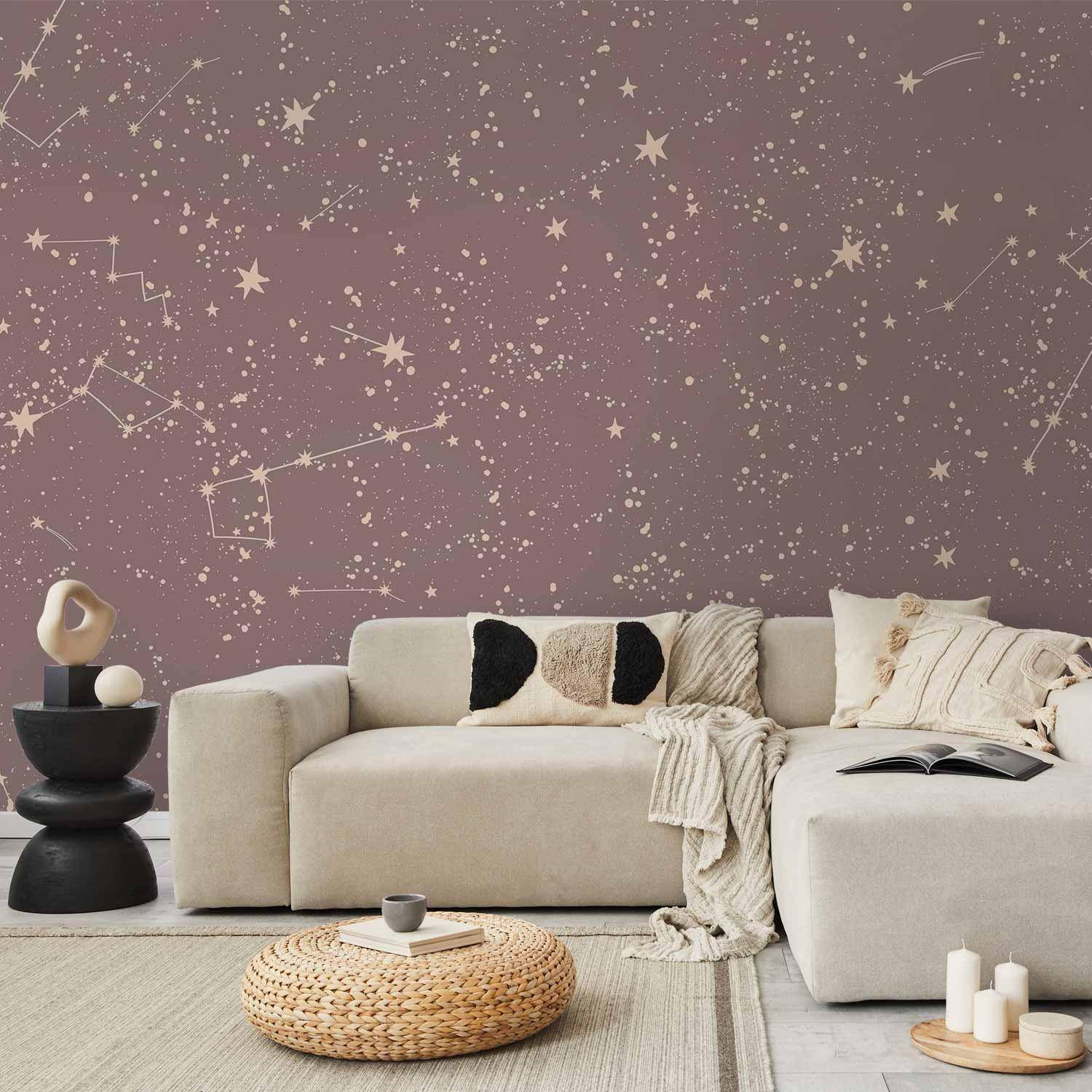 Fototapet Night Sky - stjernehimmel med kunstneriske stjernebilleder i pastelfarver - 147 x 105 cm - Selvklæbende