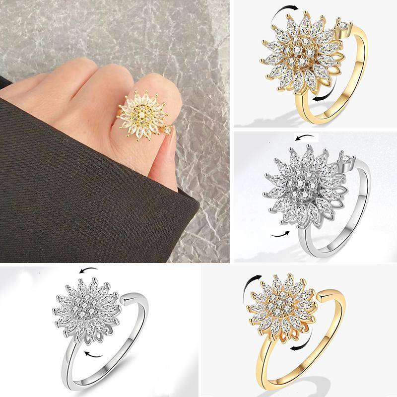 Kristall Solrosringar för Kvinnor Roterbar Anti Stress Ångest Zirkon Justerbar Ring Du Är Min Solskens Smycke Gåva beige