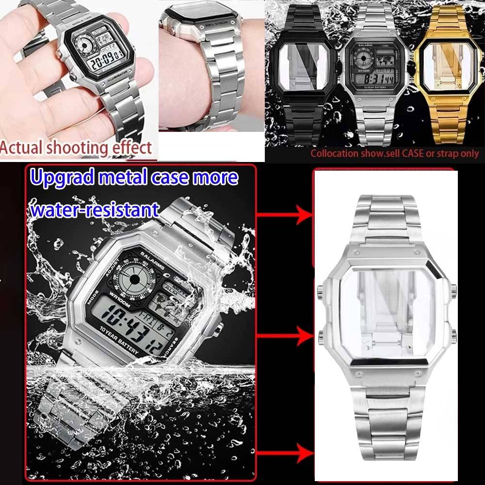Uppgradera Helt Metallfodral Mode För Casio AE1200 mod-kit Modifierad 3299 AE-1200 boett band rostfritt stål Klockarmbandstillbehör