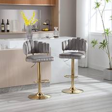 HAINEW Modern barstol i sammet, set om 2 med gyllene metallben och blomform, ryggstöd, höjdjusterbara barstolar, 360° roterbar, köksstolar, skattpall, bistropall (grå)