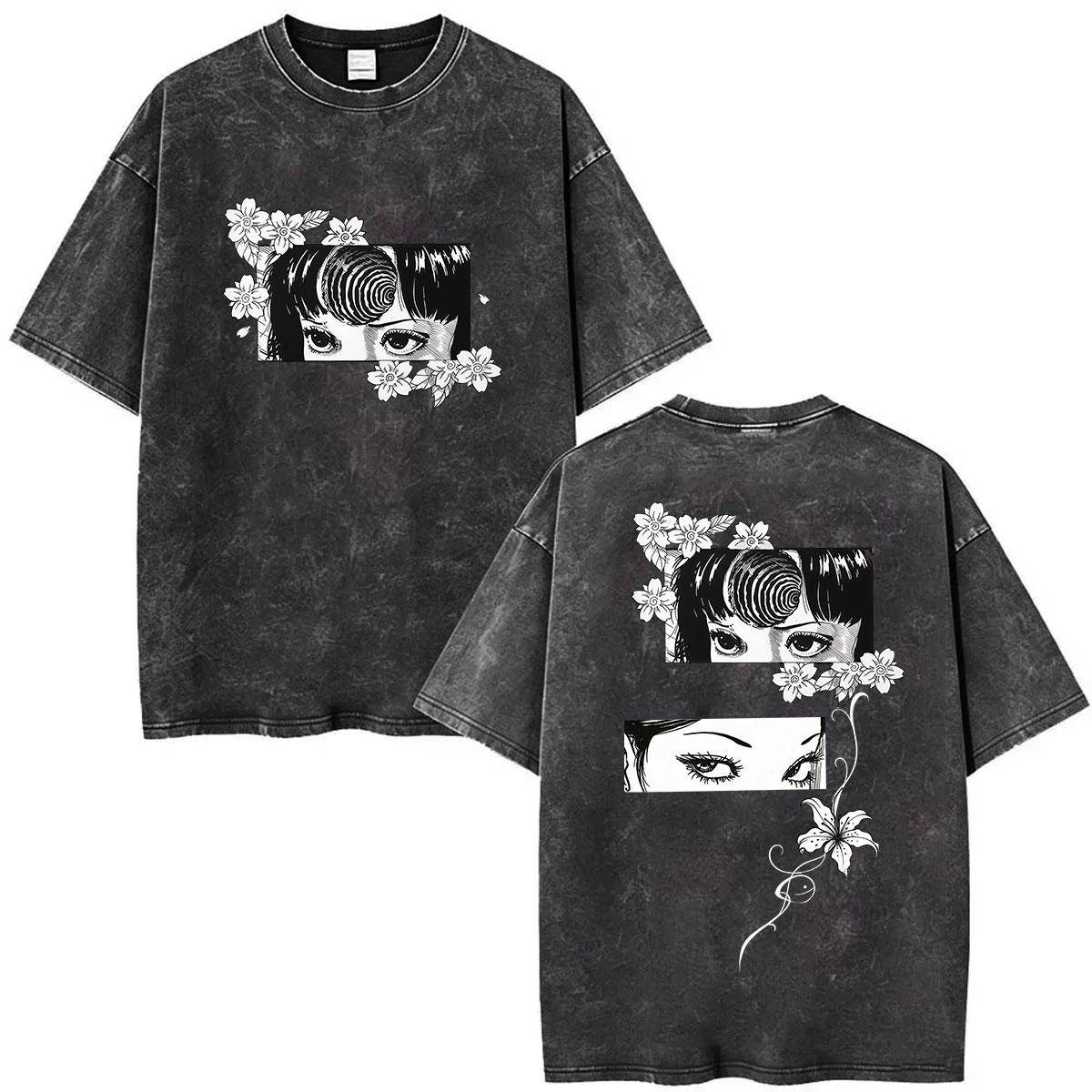Anime Tomie Junji Ito Vintage Tvättad Grafisk T-shirts Män Kvinnor Harajuku Mode Kläder T-shirt Sommar Överdimensionerad Bomullst-shirt cm gray