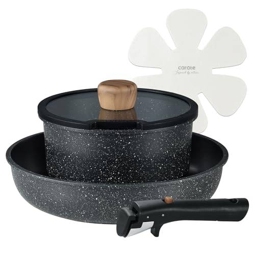 CAROTE 5-Piece Frying Pan Set, Induction and Gas Compatible, Free of PFOA and Other Harmful Substances, 5-Layer Construction, Lightweight, Removable H