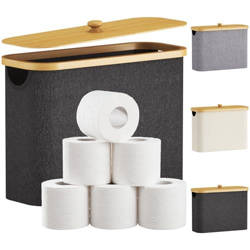 Lifewit Toalettpapper förvaringskorg, bambu badrum arrangör, toalettpapper förvaringsskåp för trånga utrymmen, toalettpapper behållare med lock, 23 l, svart