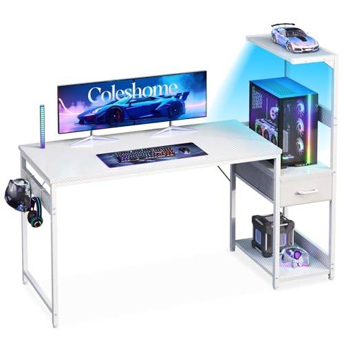 Coleshome Gamingbord med LED-belysning,138x48cm, Vit kolfiber