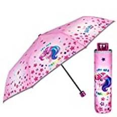 Enhörning barn paraply flicka – rosa enhörning fickparaply miniparaply barnparaply 7+ år – paraply litet vindsäkert med reflekterande kant – diameter 91 cm – Perletti, Färgglada stjärnor, Dirchmesser