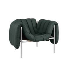 HEM - Puffy Lounge Chair - Dark Green Leather/Stainless - Lænestole - Faye Toogood - Sølv,Grøn - Læder/Naturmateriale/Metal/Træ/Skum