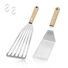 TACYKIBD 2 st fiskspatel, stekspade i rostfritt stål med trähandtag och krokar, 30 cm slitsad metallspatel för vändning stekning grillning matlagning fisk ägg kött pommes frites