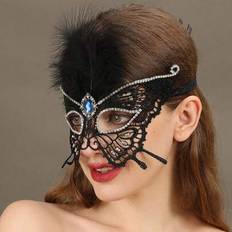 1pc Butterfly Party Fabric Face Mask, Black Lace & Feather Design Half Face Mask, Suitable For Halloween, Masquerade Ball, Spring/Summer/Autumn/Winter - Black - one-size