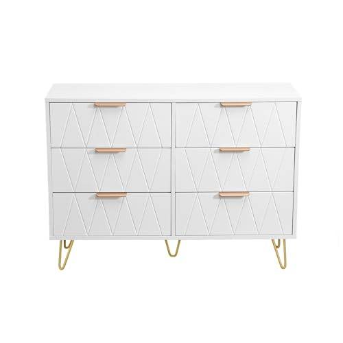 BPKADHY Byrå med 6 lådor, 100 x 34 x 73 cm, byrå med lådor och metallfötter, skänk med lådor, smal byrå, lådskåp för vardagsrum (vit)